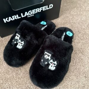 NEW Karl Lagerfeld Black Plush Slippers Faux Fur